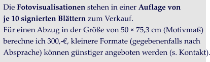 Die Fotovisualisationen stehen in einer Auflage von  je 10 signierten Blättern zum Verkauf. Für einen Abzug in der Größe von 50 × 75,3 cm (Motivmaß)  berechne ich 300,-€, kleinere Formate (gegebenenfalls nach  Absprache) können günstiger angeboten werden (s. Kontakt).