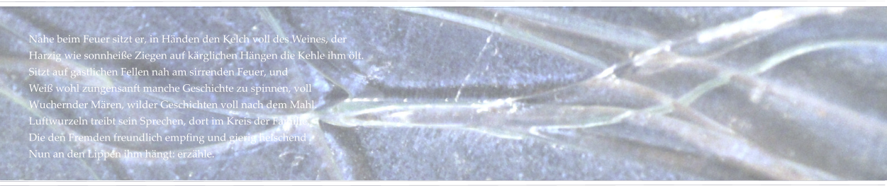 Nahe beim Feuer sitzt er, in Händen den Kelch voll des Weines, der Harzig wie sonnheiße Ziegen auf kärglichen Hängen die Kehle ihm ölt. Sitzt auf gastlichen Fellen nah am sirrenden Feuer, und Weiß wohl zungensanft manche Geschichte zu spinnen, voll Wuchernder Mären, wilder Geschichten voll nach dem Mahl. Luftwurzeln treibt sein Sprechen, dort im Kreis der Familie, Die den Fremden freundlich empfing und gierig heischend Nun an den Lippen ihm hängt: erzähle.